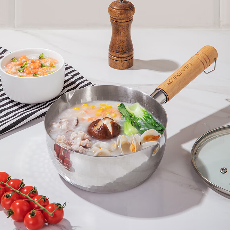 康巴赫304不锈钢不粘轻量雪平锅双导流口炖煮可悬挂带盖18cm不挑炉灶