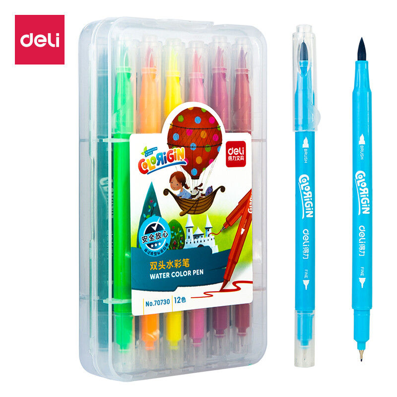 Deli 12 color student double head soft pen watercolor pen cartoon illustration colored pen tip brush head pen children's painting brush 70730