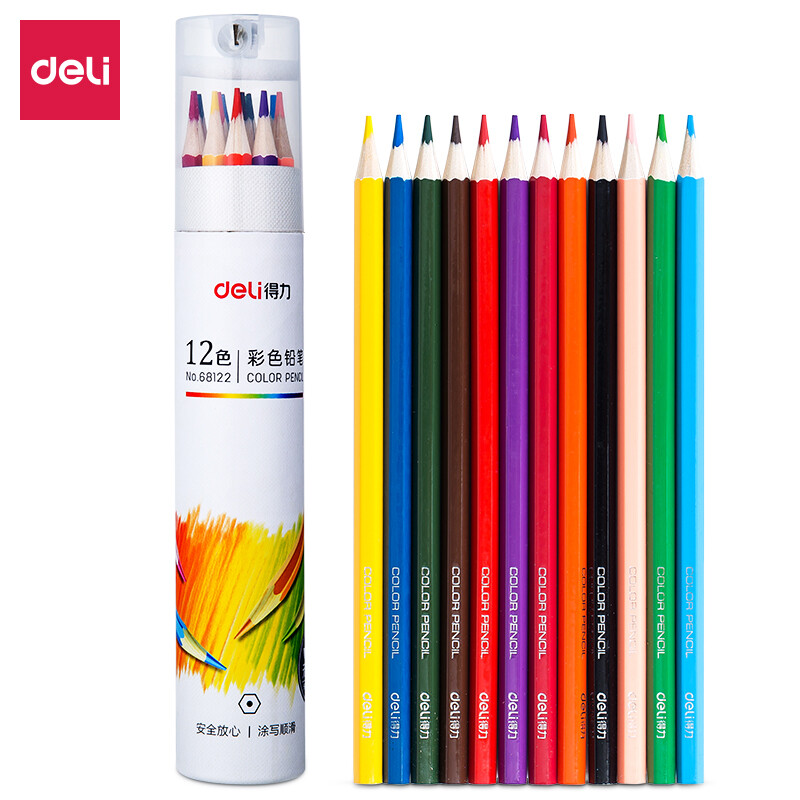 Deli 12 color paper barreled student painting art sketching color lead color pencil children's coloring filling color pen painting pen set 68122
