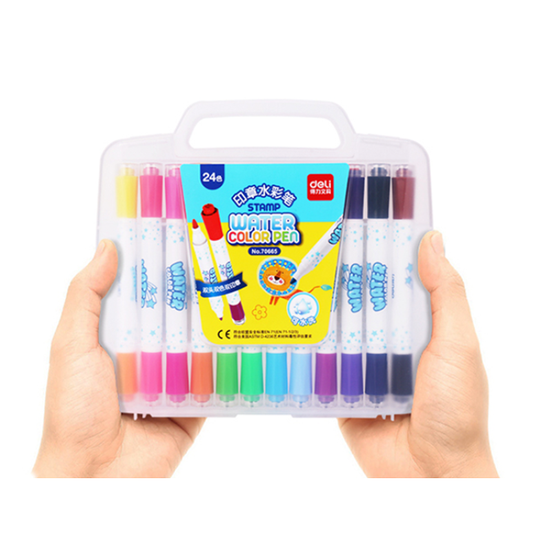 Deli 70665 washable 24 color double headed double seal watercolor pen box with random color