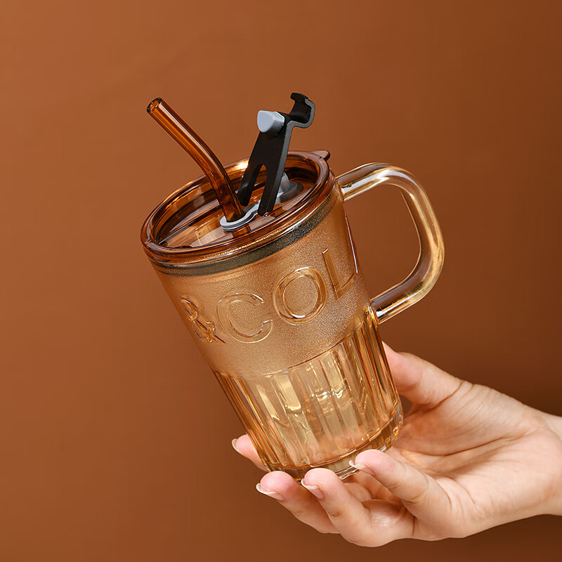 MOM 吸管杯玻璃水杯咖啡杯商务礼品批发活动礼采购送客户6127/6128 带盖把手吸管杯400ml