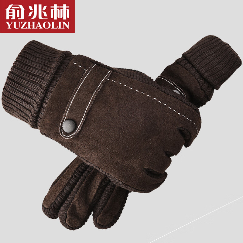 Yu Zhaolin gloves men's winter outdoor cycling cold and wind proof sports gloves warm Plush thickened pigskin gloves outdoor anti-skid touch screen large cotton gloves men's one-sided strap coffee color