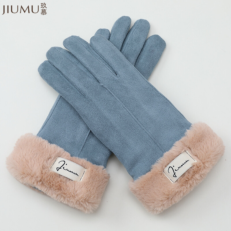 Jiumu suede wool gloves women's winter Plush thickened warm women's Gloves Winter lovely gloves women's gift box glw007 gray blue