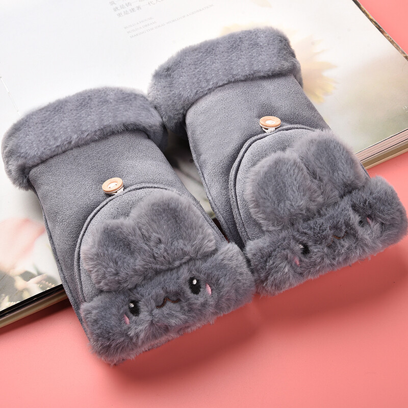Betonoray women's Gloves Winter Plush thickened fashion flip dual-purpose Half Finger Gloves warm riding Plush writing office lovely cartoon cotton gloves female gray