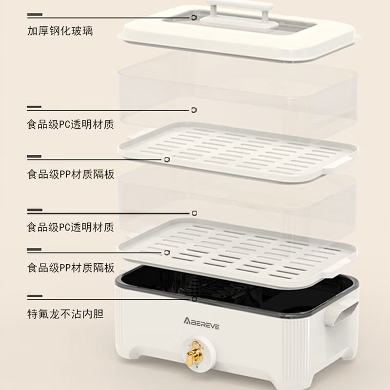 Abereve艾贝丽家用多功能电火锅双层多用途锅5L大容量电蒸鱼锅电煮锅煲汤锅蒸煮涮烤一体锅ABL-LLG913S 5L