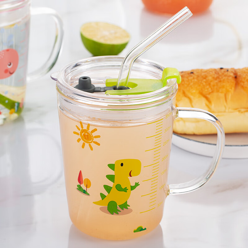 Maxcook children's glass water cup milk cup straw cup measuring cup milk powder Cup baby cup with scale breakfast cup heat-resistant microwave 350ml dinosaur mcb082