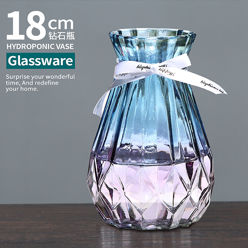 Foojo Nordic vertical grain glass vase flower arrangement glass bottle hydroponic plant transparent vase flower Diamond - gradient blue