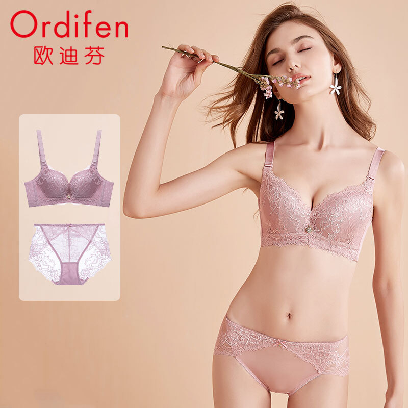 Odifen bra set underwear women's 19 year new lace traceless underwear women's thin top and thick bottom gathered beautiful back women's bra bra set xb9104 Princess Pink A85 / XL