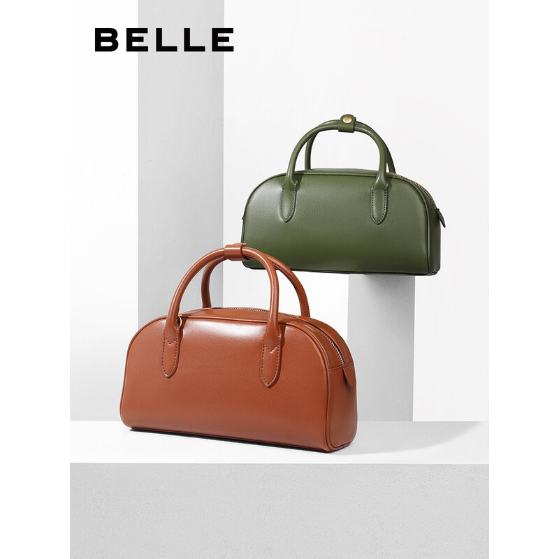 百丽复古简约保龄球包肩斜挎手提包X6288CX2 焦糖棕 F