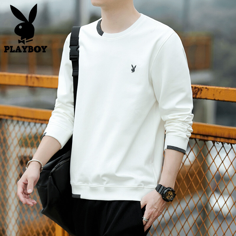 Playboy men's 2020 new round neck Pullover loose long sleeve T-shirt youth versatile casual top White L