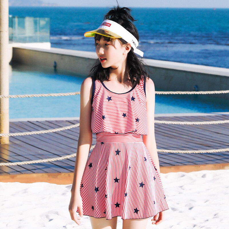 Suitable skin girls swimsuit middle school students girls children Korean hot spring lovely princess skirt fashion swimsuit pink 165