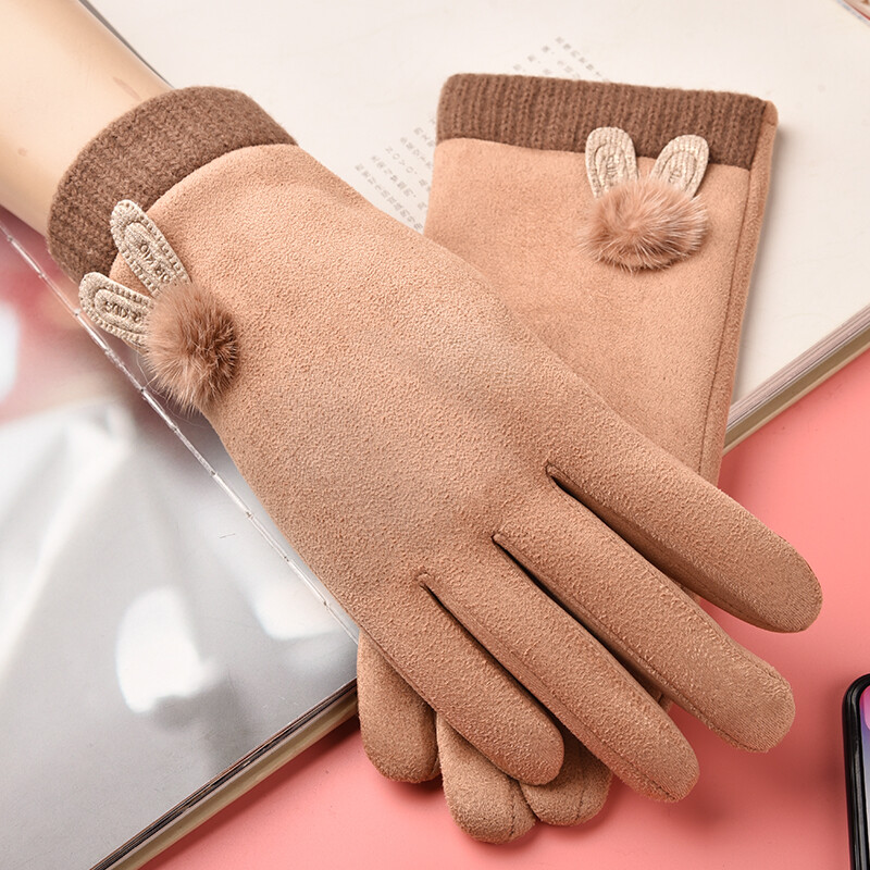Betonoray women's gloves autumn and winter warm gloves fashion lovely wool ball with velvet finger women's touch screen wool gloves women's Khaki