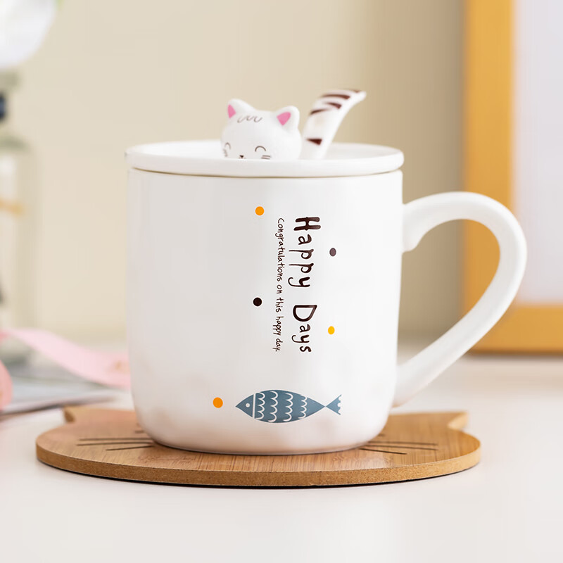 Jiabai ceramic mug with cover and spoon cartoon couple cup coffee cup tea cup milk cup cereal cup fun cat fish Cup - single fish