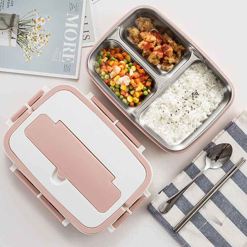 Maxcook 304 stainless steel lunch box enlarges and deepens 3 grid student lunch box lunch box pink lace up handle belt partition with tableware mcft000