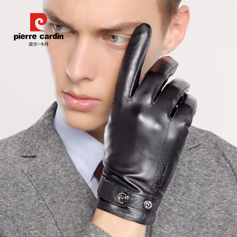 Pierre Cardin leather gloves men's goat skin winter motorcycle riding warm deerskin gloves Plush thickened Leather Gloves Winter 894191183-xxl