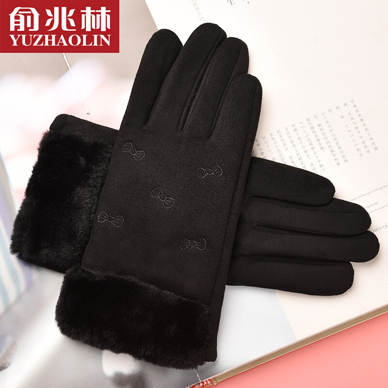 Yu Zhaolin gloves women's winter riding and driving warm gloves women's split finger touch screen Plush warm thick wool gloves students' winter touch screen lovely women's Gloves Black