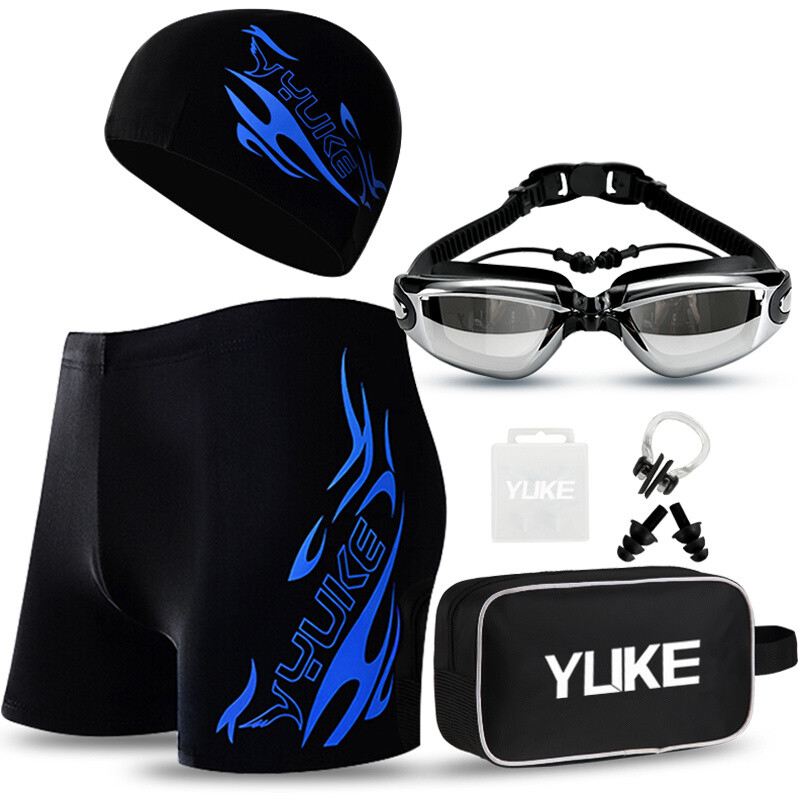 Yuke Yuke men's swimming suit swimming cap swimming trunks swimming goggles five piece set blue flame upgrade 400 degree swimming goggles 4XL set 400 degree XXXXL