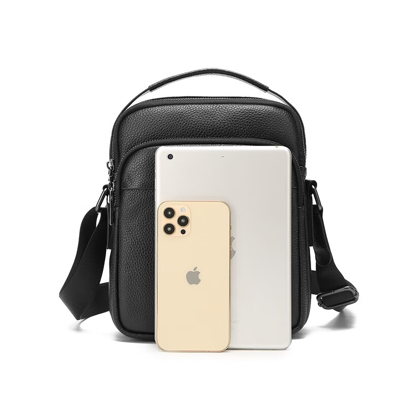 恒源祥（HYX）男包头层牛皮单肩包男斜挎包休闲男士包包背包小包商务公文包 黑色