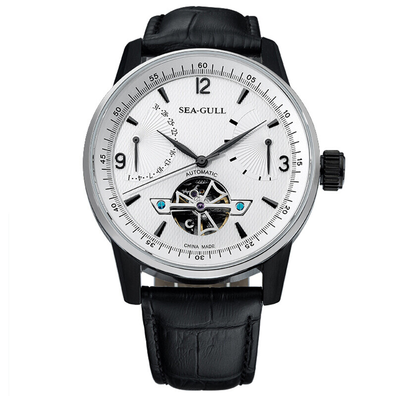 Seagull watch giant series automatic mechanical men's watch hollow calendar potential energy belt flywheel watch 219.327 white disk white circle Black Belt