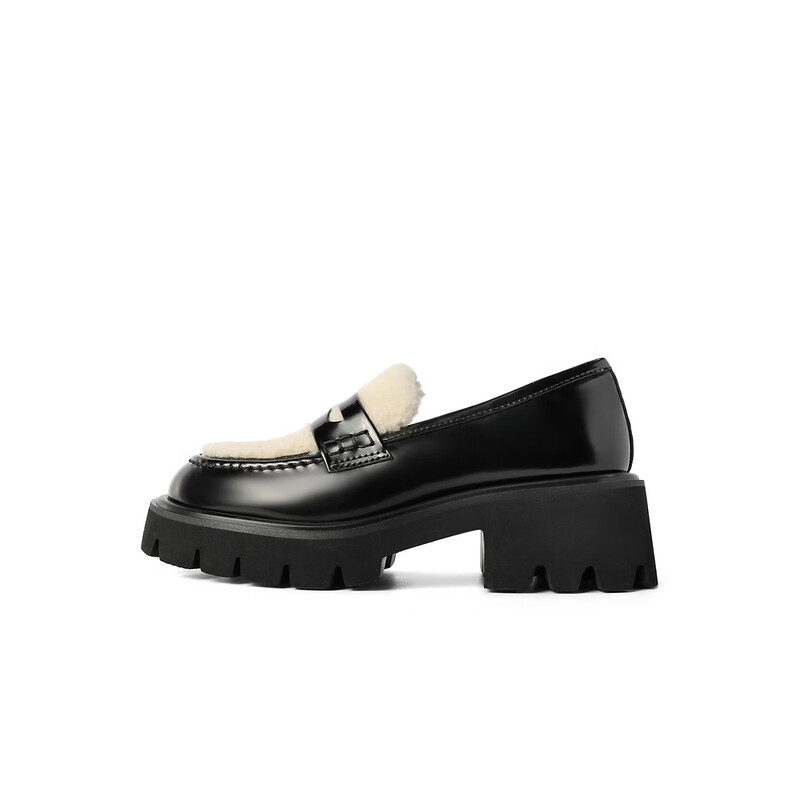 百丽粗跟乐福鞋女2023秋季新款牛皮革拼接鞋面JK乐福鞋B1492CM3预售 黑色 34