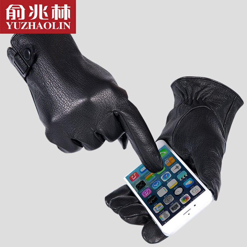 Yu Zhaolin leather gloves men's winter riding driving Plush warm and windproof gloves sub finger touch screen imitation deerskin gloves men's XL