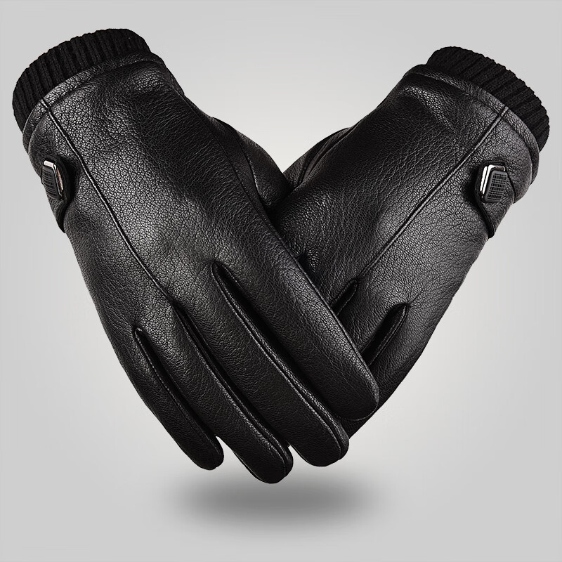 Betonoray leather gloves men's winter warm Plush thickened riding leather gloves driving touch screen suede imitation deerskin Gloves Winter Black Large