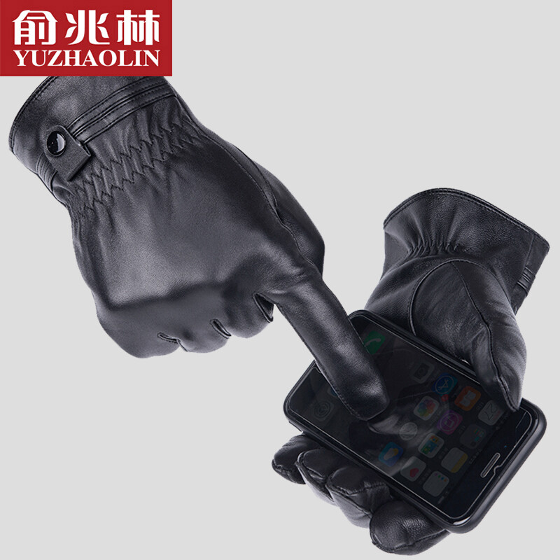 Yu Zhaolin Leather Men's Gloves Winter Warm sheepskin gloves touch screen Plush outdoor windproof driving motorcycle Cotton Gloves Black XL
