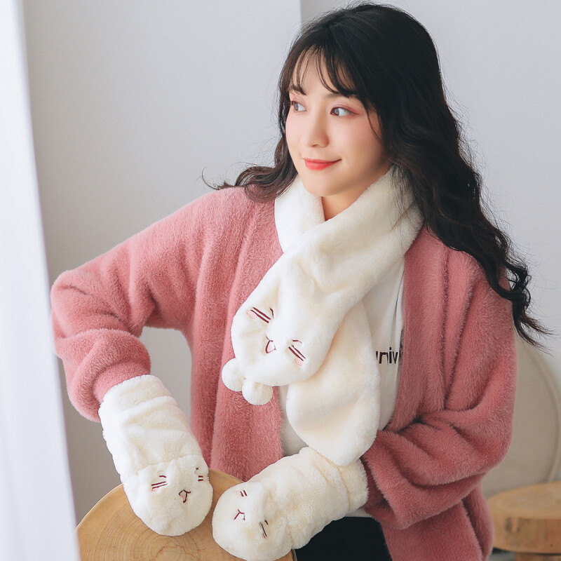 677888 scarf female student winter Korean cute cartoon girl Plush warm, sweet and versatile autumn and winter gloves Two-piece Gift Box