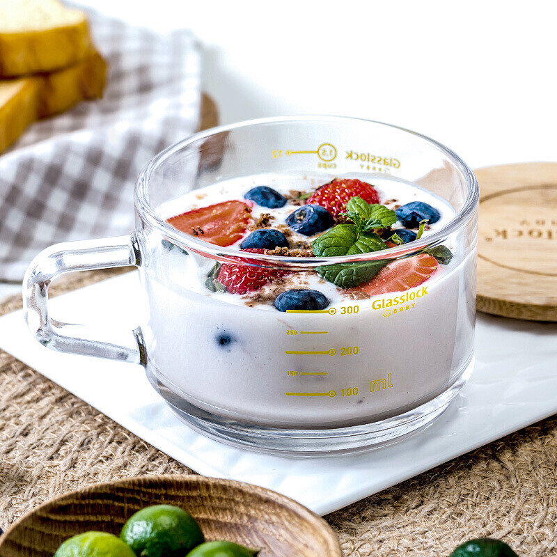 Glasslock imported tempered glass cup children's milk breakfast cup heat resistant microwave oven graduated cup with cover measuring cup gl2019