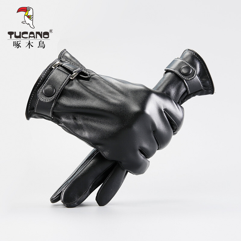 Woodpecker Tucano leather gloves men's winter Plush warm touch screen cycling outdoors men's winter windproof motorcycle thickened cold proof cotton pst401 black [gift bag]