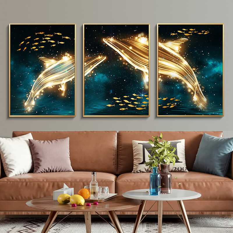 Long time no see Nordic style living room decorative painting wall painting mural modern simple sofa background wall hanging painting whale leaping stars triptych 40 * 60