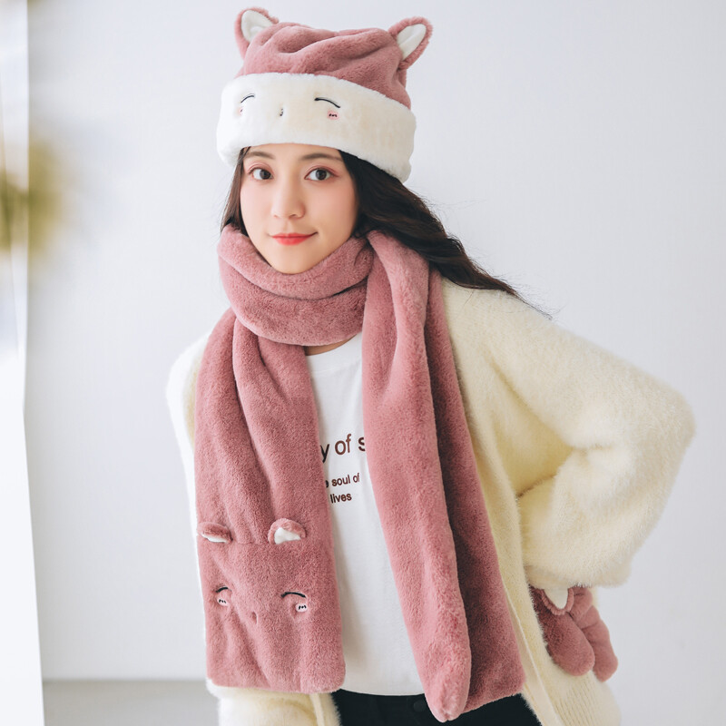 677888 hat scarf gloves three piece set female winter Student Korean fashion cartoon lovely girl versatile sweet warm bean paste color one size fits all