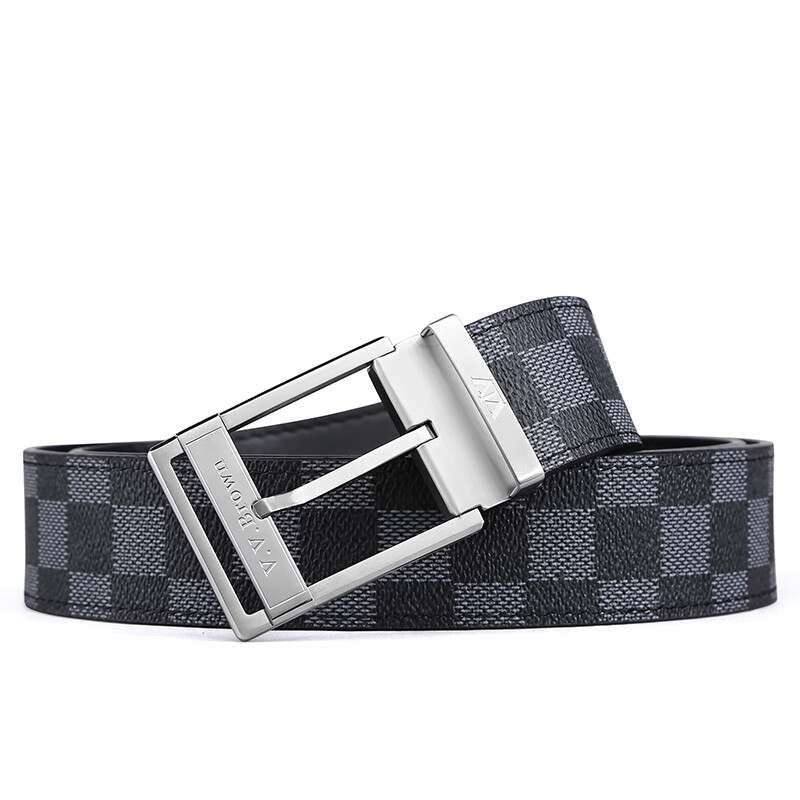 5. V. Brown Korean trendy men's stainless steel pin buckle business casual men's belt leather Plaid top layer cow leather pants belt leather men's gift box trouser belt black