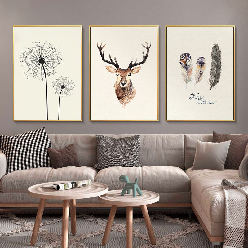 Long time no see living room decorative painting abstract sofa background wall light luxury hanging painting Nordic simple wall painting restaurant elk mural auspicious deer triptych 40 * 60