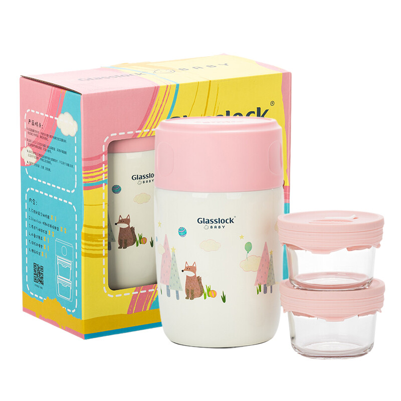 Glasslock stewing beaker stainless steel vacuum insulation stewing pot tempered glass inner container infant auxiliary food insulation bucket Lunch Box Pink gtl3169b-2