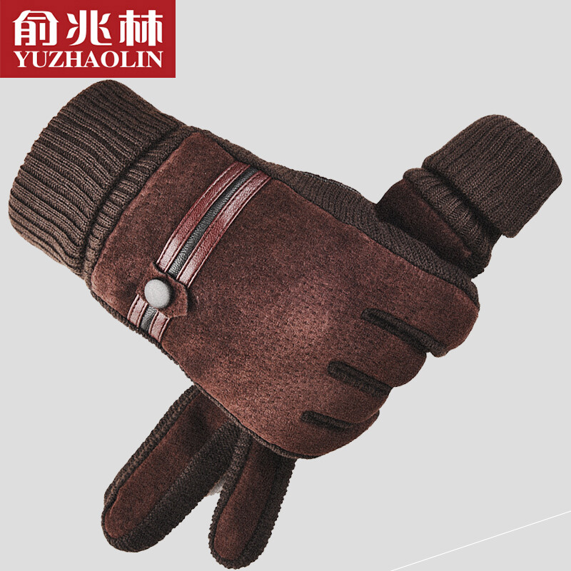 Yu Zhaolin leather gloves men's winter Plush thickened outdoor windproof motorcycle split finger touch screen leather gloves leisure sports men's gloves coffee color