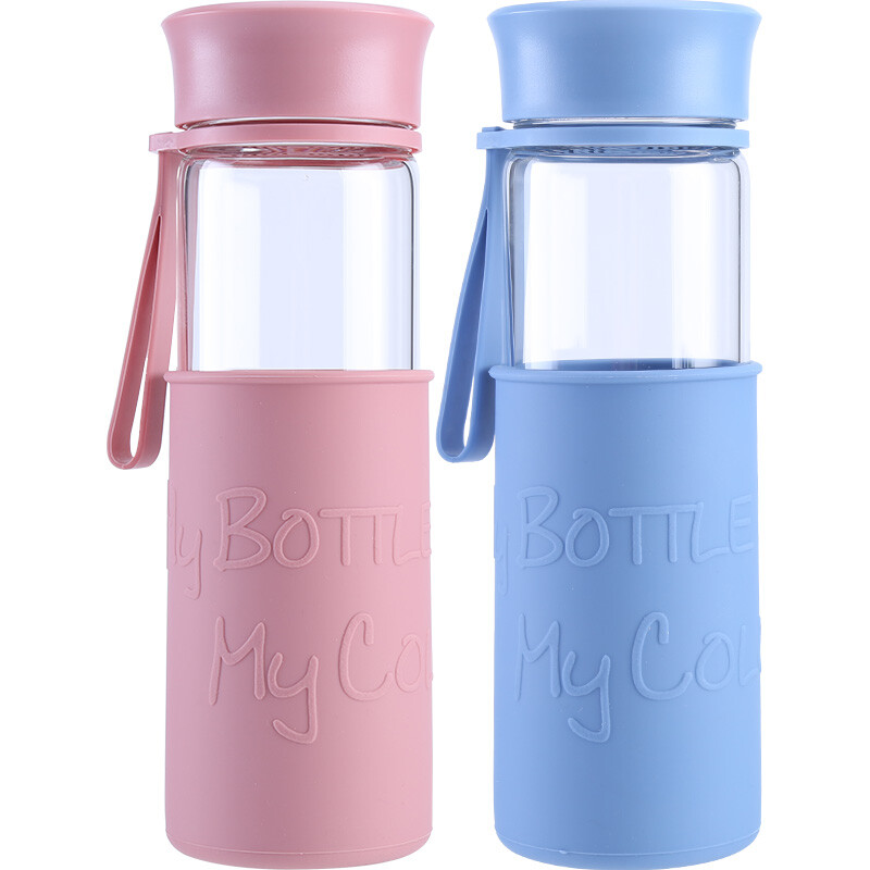 Lock & lock glass water cup silicone cup cover heat resistant glass water cup two-piece set llg673s601 (500ml * 2) pink + blue