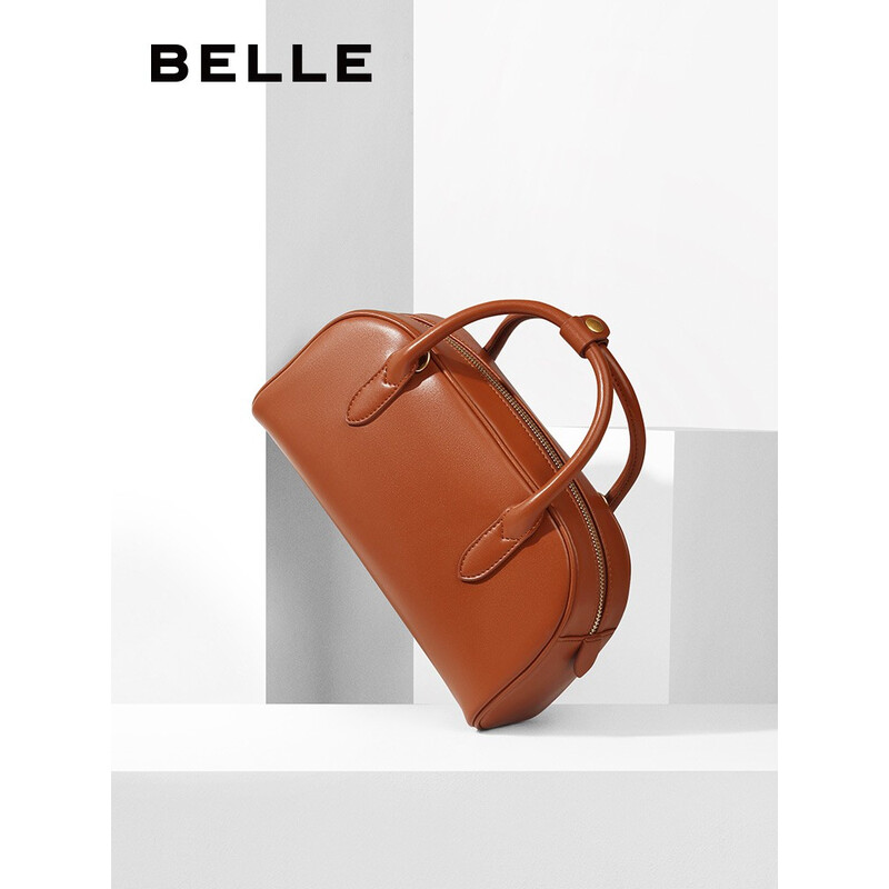 百丽复古简约保龄球包肩斜挎手提包X6288CX2 焦糖棕 F