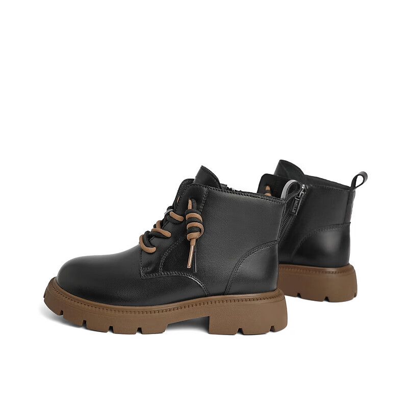 百丽童鞋双色鞋带马丁靴女商场同款抽绳皮靴90930D92 黑色-薄绒 32