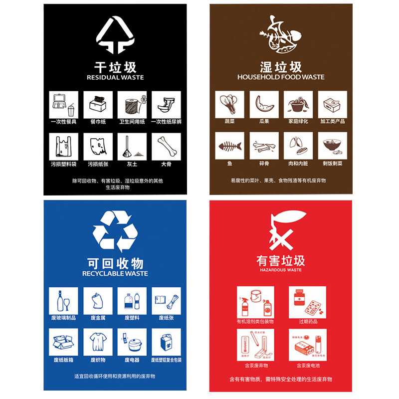 Gong Xun Shanghai dry and wet garbage recyclable garbage logo hazardous garbage classification sticker garbage can label 4 pieces 15x20cm