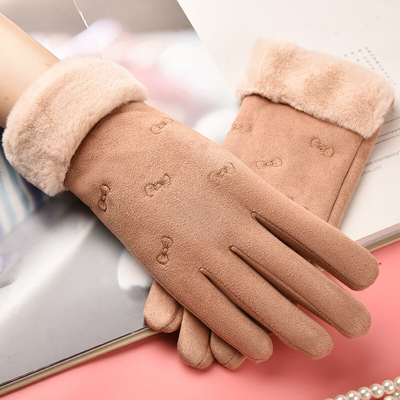 Betonoray gloves female winter Plush student lovely printed bow warm gloves winter riding driving touch screen women's gloves Khaki