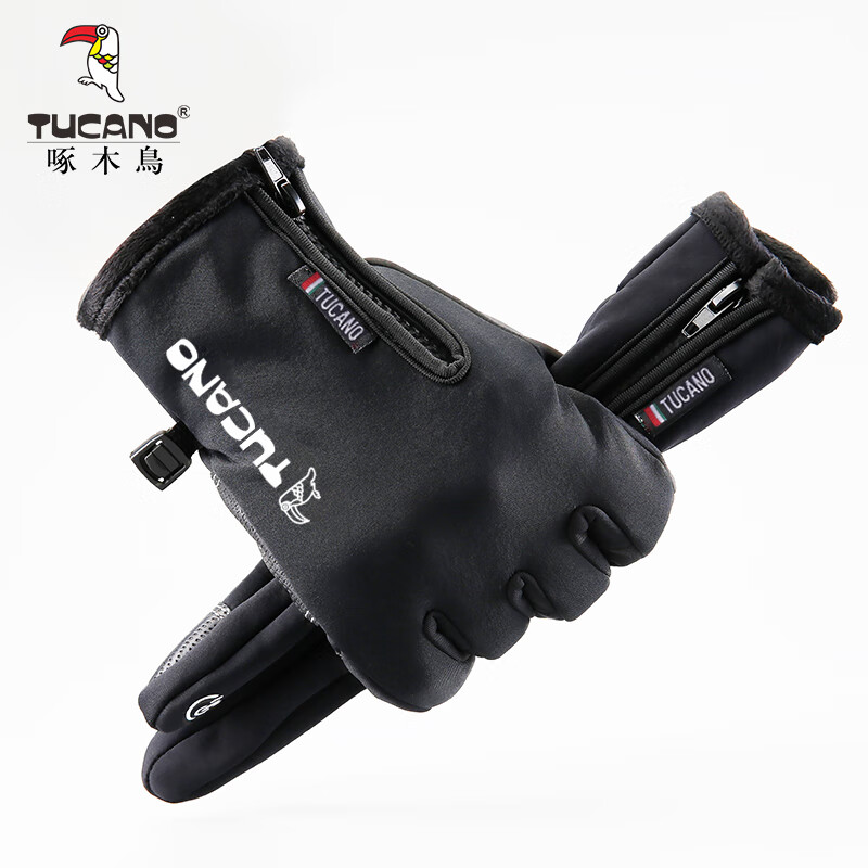 Woodpecker Tucano gloves men's winter riding and driving touch screen leather gloves windproof outdoor sports warm and cold proof plush cotton gloves men's pst103 black [gift bag]