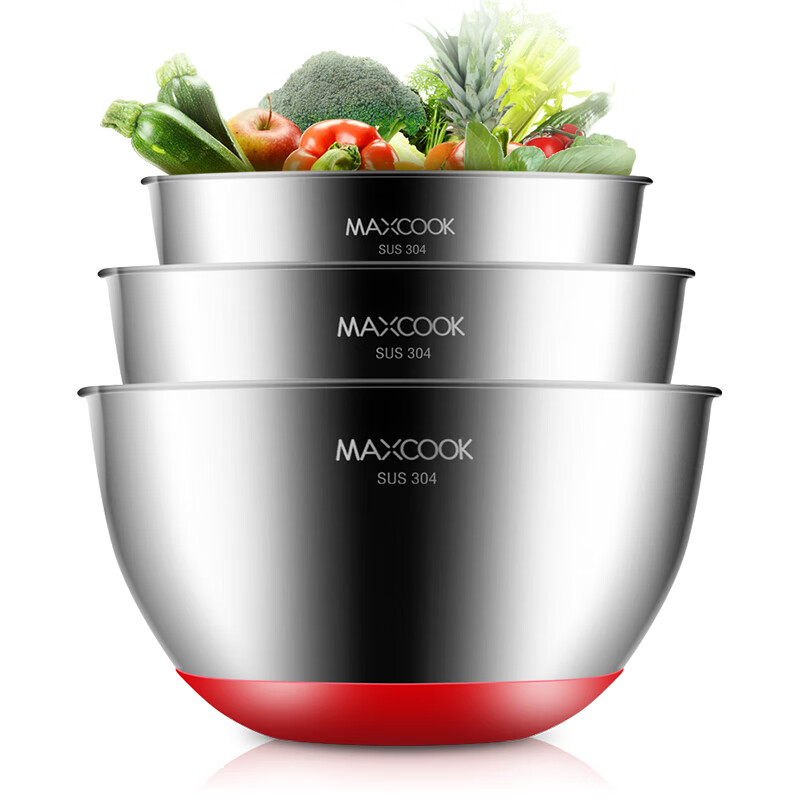Maxcook 304 stainless steel basin, salad basin, thickened seasoning basin, vegetable washing basin, flavor bucket, three piece set, pressure nozzle, silicone rubber sole, scale mcwa676