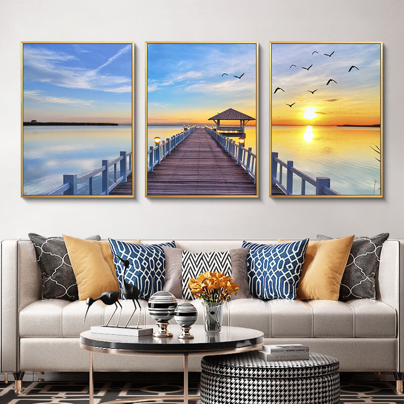 Long time no see modern living room decorative painting sofa background wall simple hanging painting sea landscape oil painting non perforated mural triple painting cloud light wind light triple 40 * 60