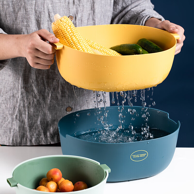 Pinmu double-layer drainage basket vegetable washing basin kitchen water filtering basket large capacity vegetable washing basin household fruit tray vegetable storage basin vegetable washing artifact ins Nordic dark blue aa073