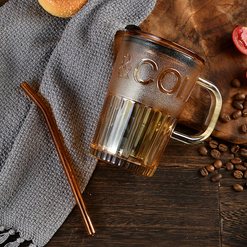 MOM 吸管杯玻璃水杯咖啡杯商务礼品批发活动礼采购送客户6127/6128 带盖把手吸管杯400ml