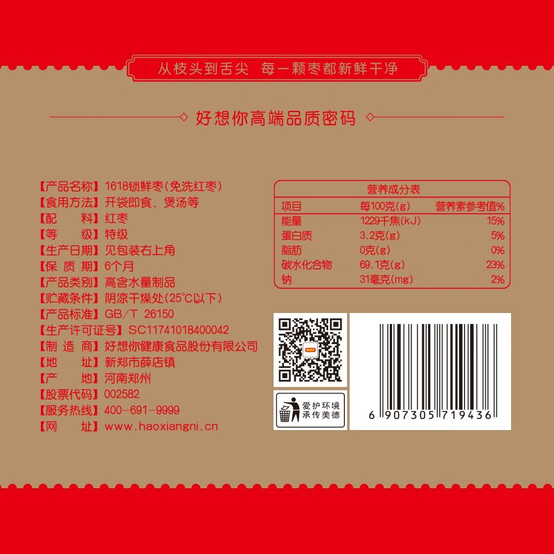 好想你红枣礼盒1618g 新疆特产节日送礼高端商务送礼免洗红枣门店同款 特级红枣1618g