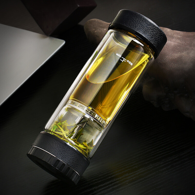 Gold inlaid jade xuanzhongxuan bubble tea cup tea separation cup business cup glass tea cup heat-resistant explosion-proof double-layer filter Creative Cup black 380ml gift box packaging