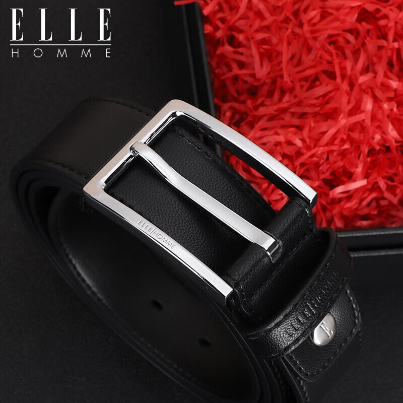 Elle Homme men's belt fashion pin buckle belt real head leather business casual trouser belt men's gift box 07913 black 110-125cm random hair (birthday gift for boyfriend)