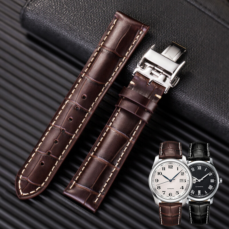 Maishi Longines strap men's leather strap original substitute l2l4 Longines famous craftsman moon series military flag kangkasjialan calf leather watch chain Luya strap brown white line 20mm